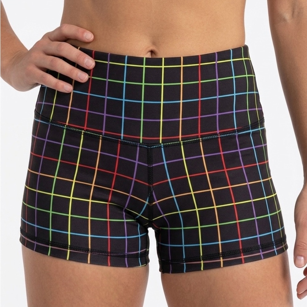 Peachy Athletic Shorts Women’s Large Black Rainbow Grid Compression Yoga Gym‎